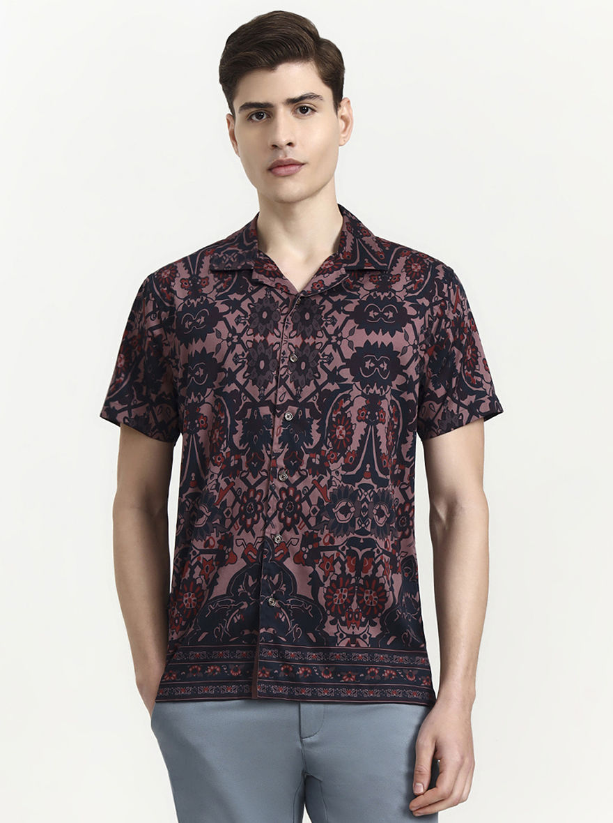 Pink & Blue Printed Slim Fit Party Wear Shirt | Wyre
