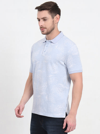 Blue Printed Slim Fit Polo T-Shirt | JadeBlue