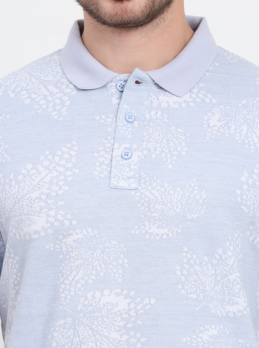 Blue Printed Slim Fit Polo T-Shirt | JadeBlue