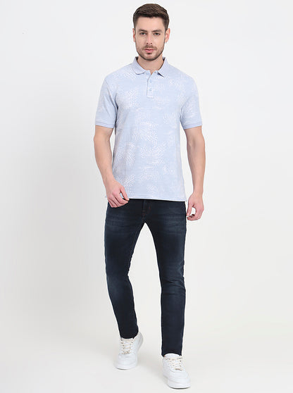 Blue Printed Slim Fit Polo T-Shirt | JadeBlue