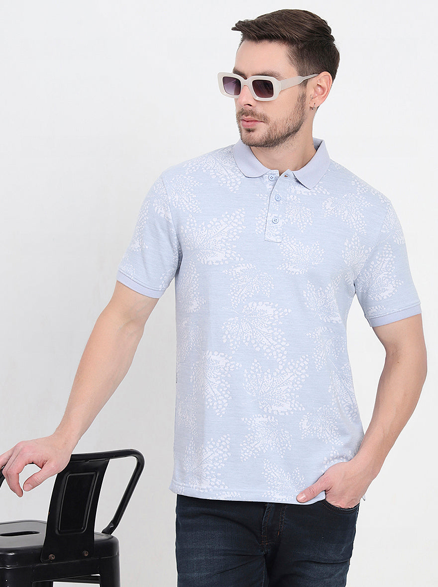 Blue Printed Slim Fit Polo T-Shirt | JadeBlue
