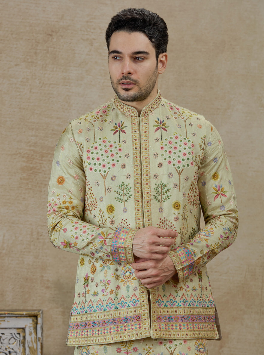 Pista Green Printed Kurta Pajama with Koti | TULA
