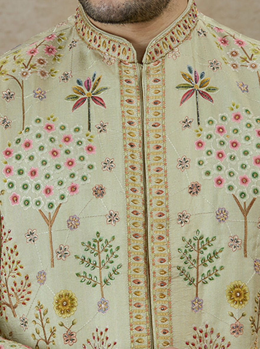 Pista Green Printed Kurta Pajama with Koti | TULA