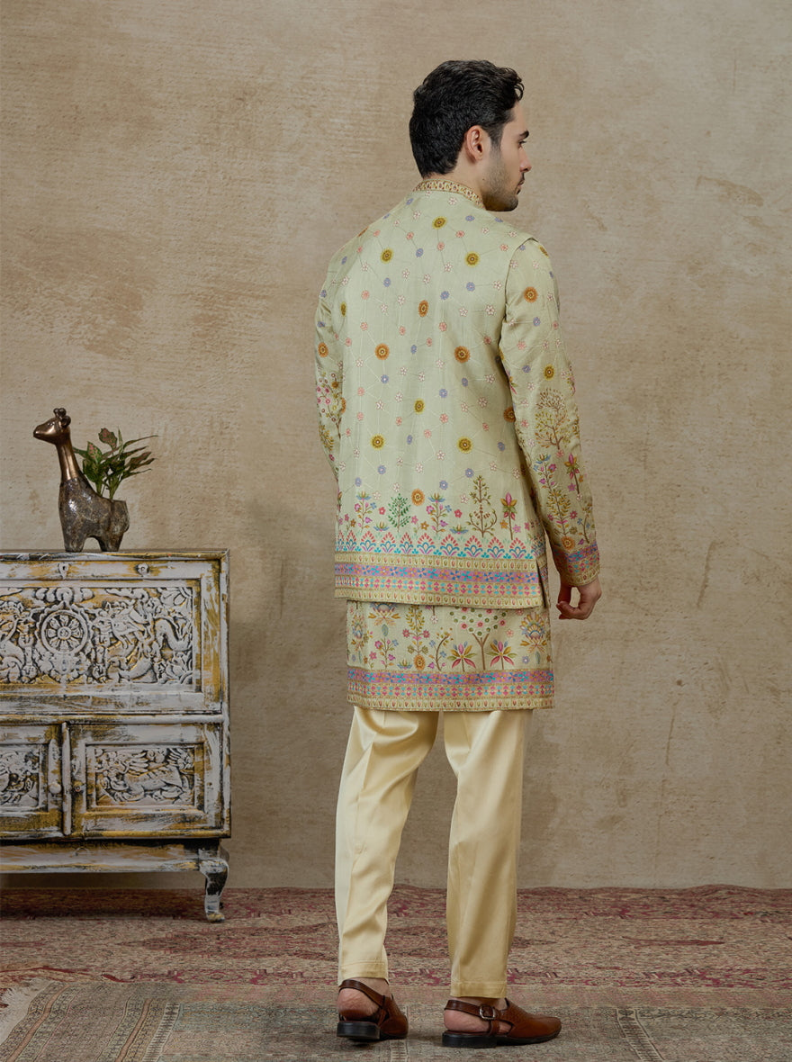 Pista Green Printed Kurta Pajama with Koti | TULA