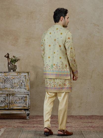 Pista Green Printed Kurta Pajama with Koti | TULA