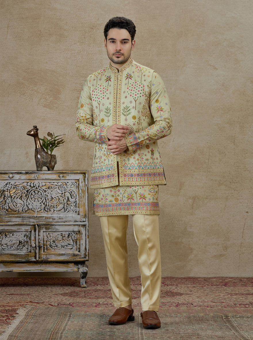 Pista Green Printed Kurta Pajama with Koti | TULA