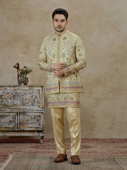 Pista Green Printed Kurta Pajama with Koti | TULA