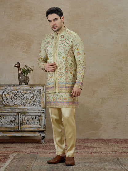 Pista Green Printed Kurta Pajama with Koti | TULA