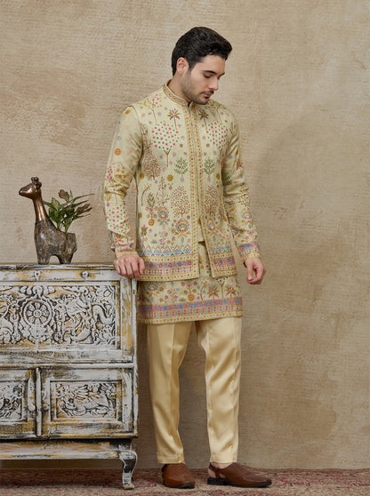 Pista Green Printed Kurta Pajama with Koti | TULA