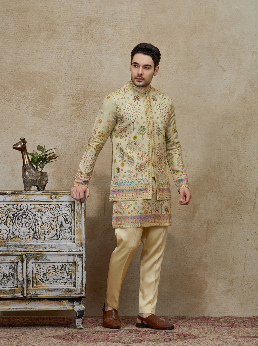 Pista Green Printed Kurta Pajama with Koti | TULA