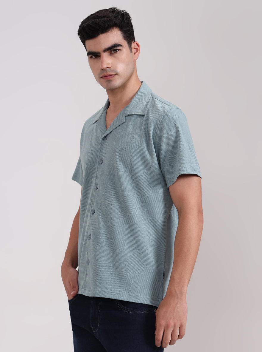 Turquoise Green Printed Slim Fit Casual Shirt | JadeBlue