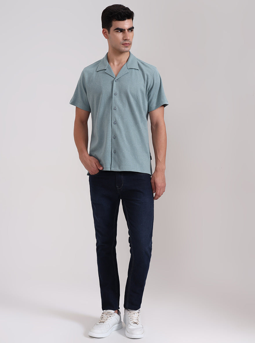 Turquoise Green Printed Slim Fit Casual Shirt | JadeBlue