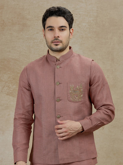 Onion Pink Embroidered Kurta Pajama with Koti | TULA