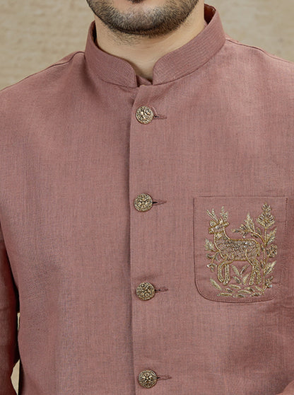 Onion Pink Embroidered Kurta Pajama with Koti | TULA