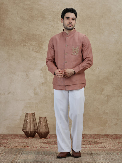 Onion Pink Embroidered Kurta Pajama with Koti | TULA