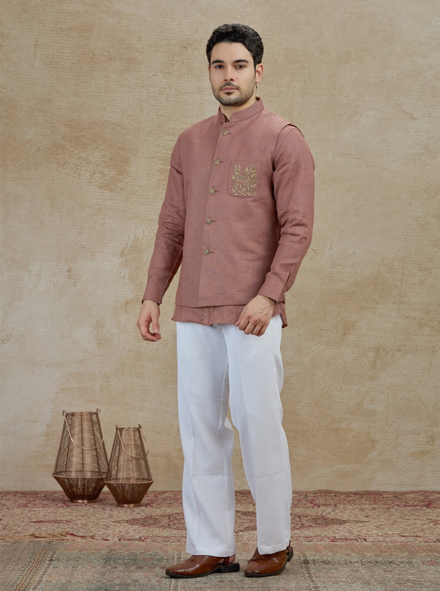 Onion Pink Embroidered Kurta Pajama with Koti | TULA