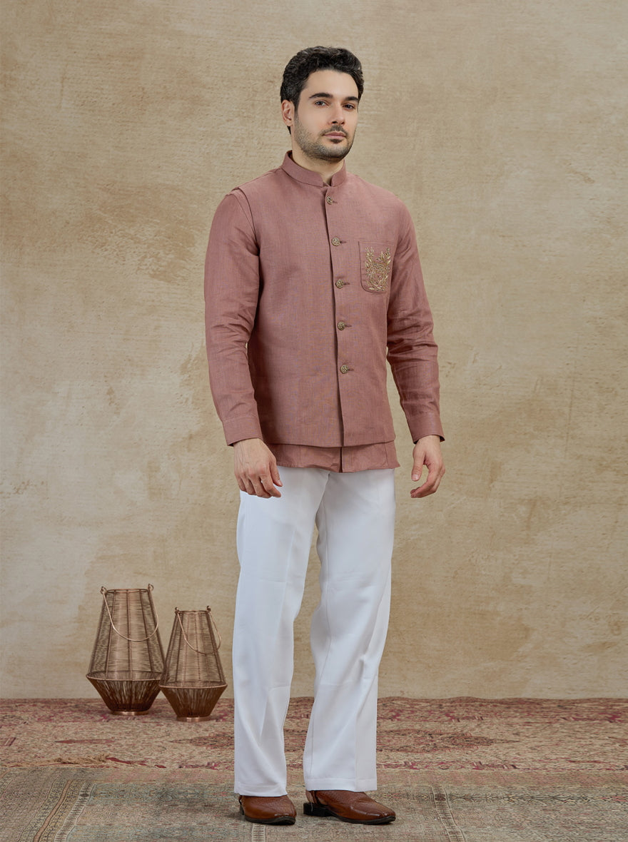 Onion Pink Embroidered Kurta Pajama with Koti | TULA