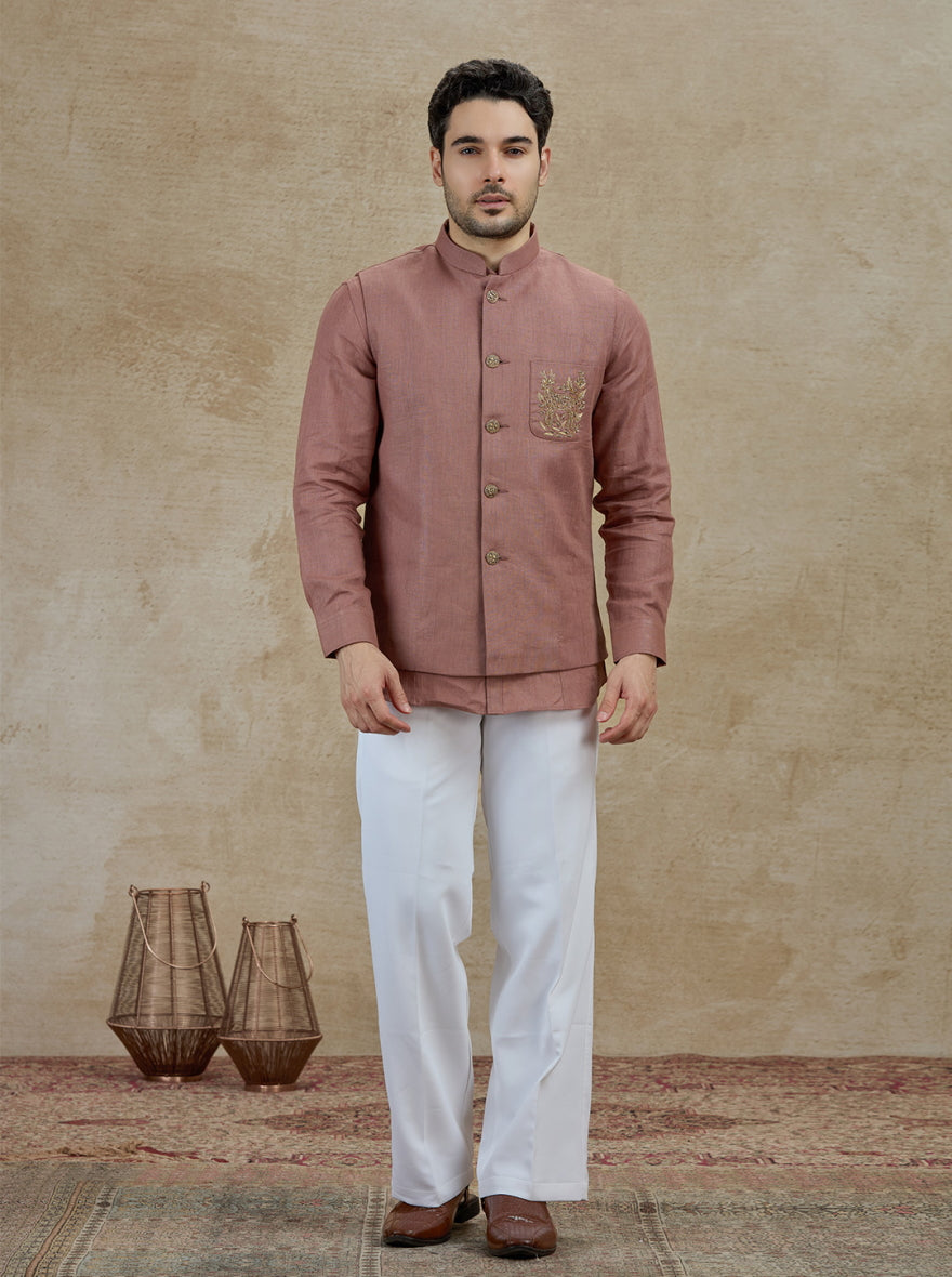 Onion Pink Embroidered Kurta Pajama with Koti | TULA