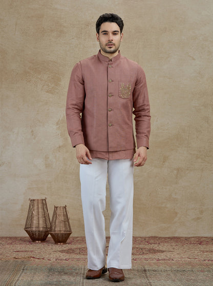 Onion Pink Embroidered Kurta Pajama with Koti | TULA