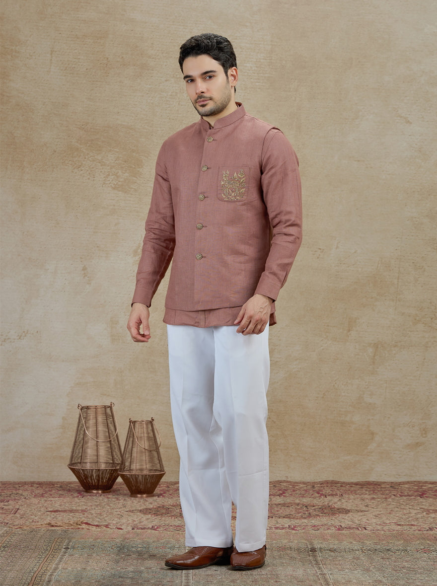 Onion Pink Embroidered Kurta Pajama with Koti | TULA