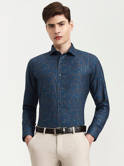 Blue Printed Slim Fit Party Wear Shirt | Wyre