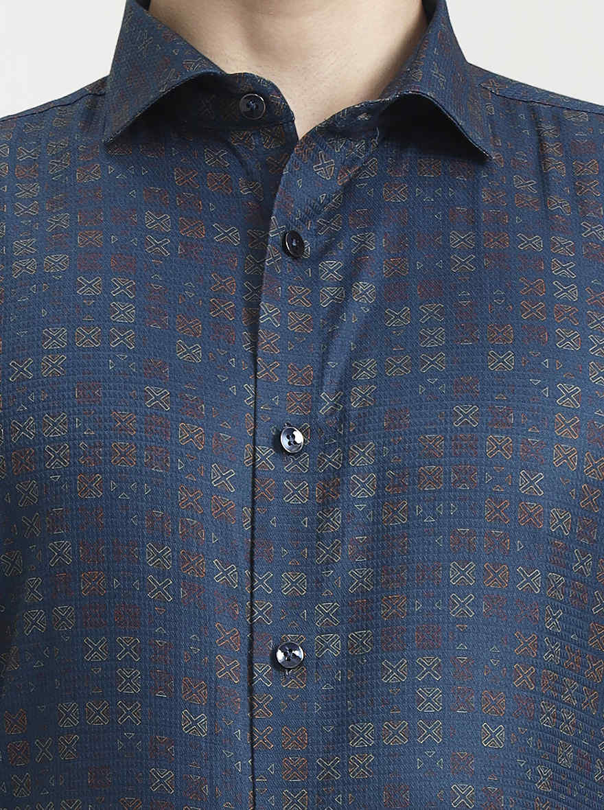 Blue Printed Slim Fit Party Wear Shirt | Wyre