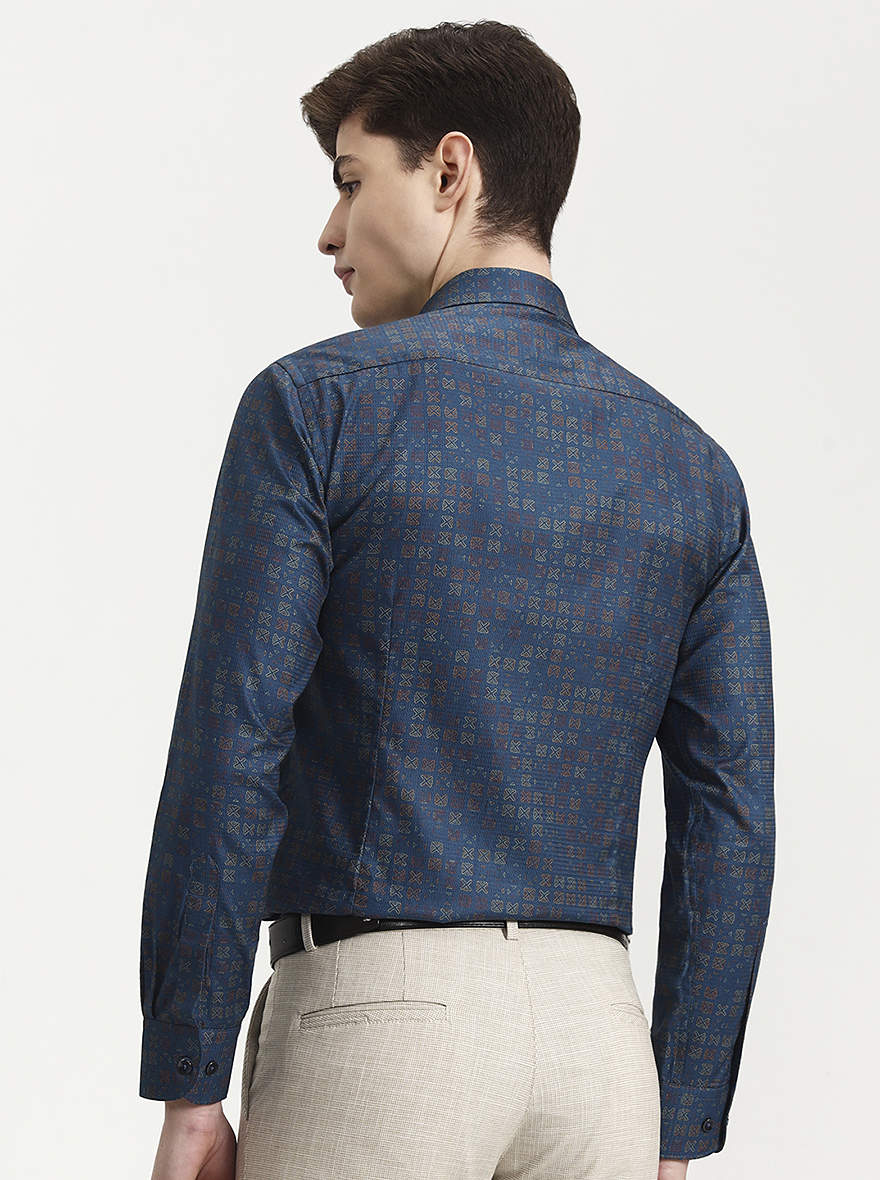 Blue Printed Slim Fit Party Wear Shirt | Wyre
