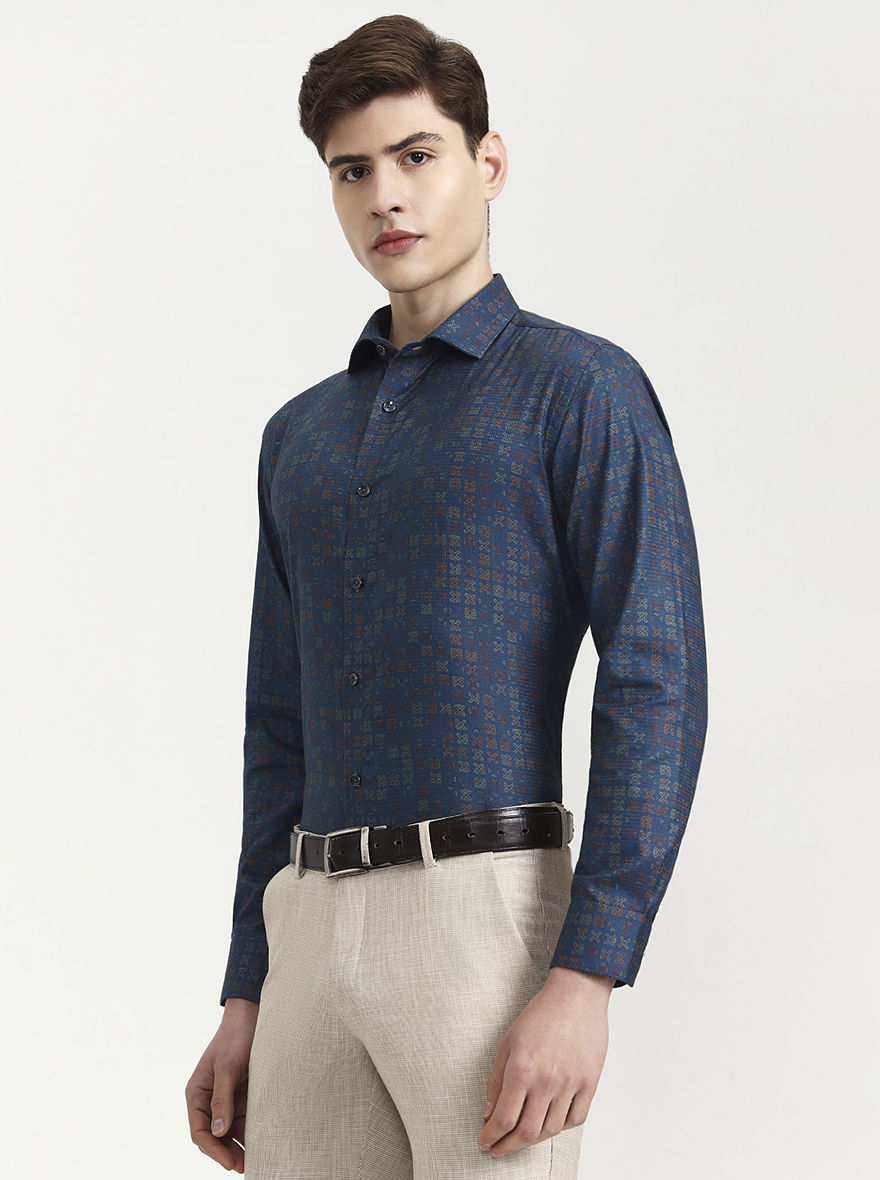 Blue Printed Slim Fit Party Wear Shirt | Wyre