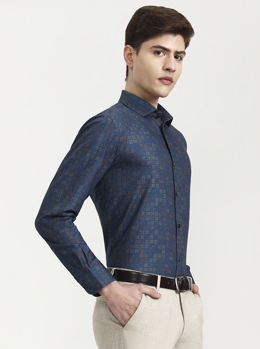 Blue Printed Slim Fit Party Wear Shirt | Wyre
