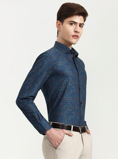 Blue Printed Slim Fit Party Wear Shirt | Wyre