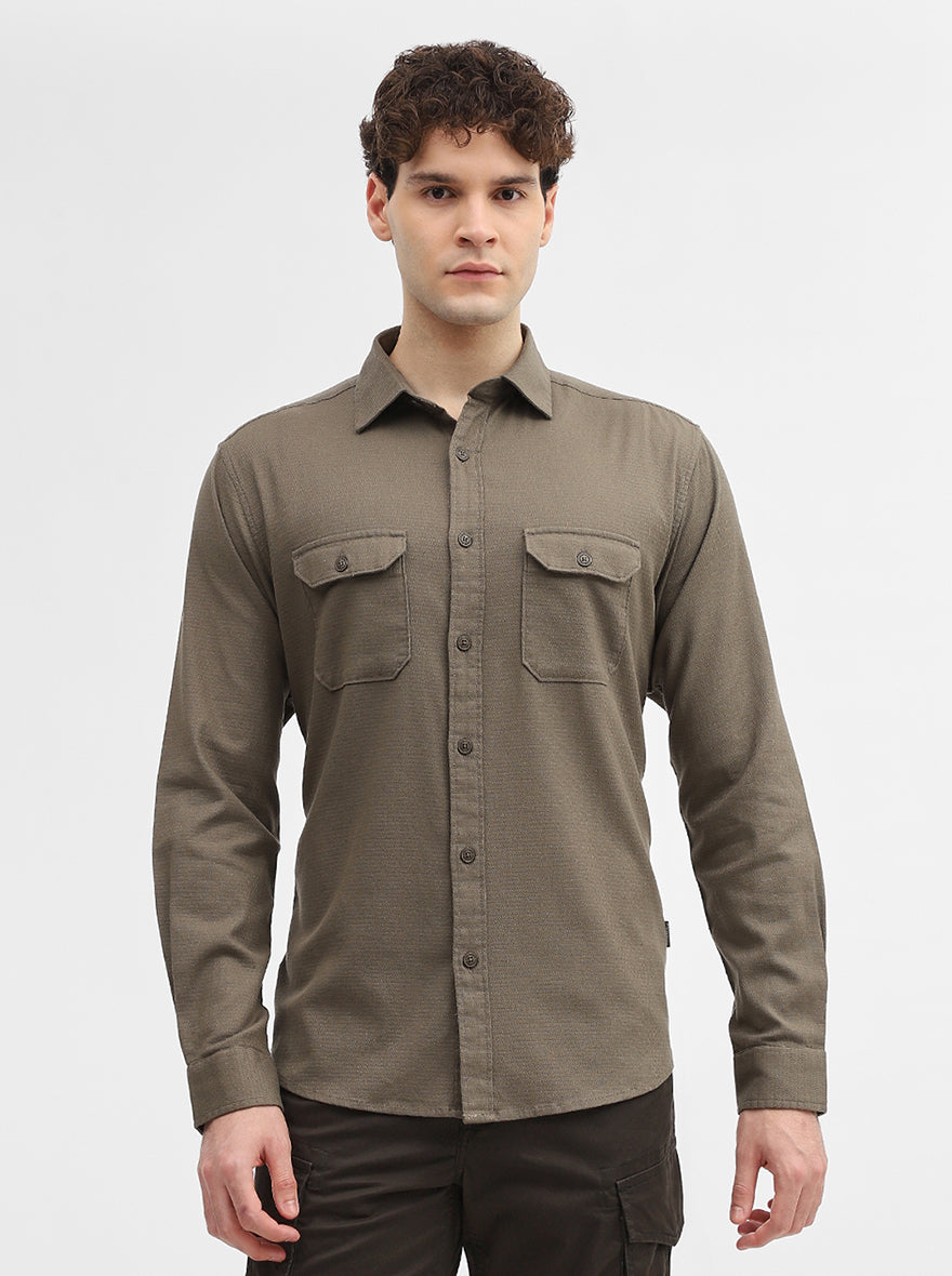 Olive Green Solid Slim Fit Casual Shirt | Greenfibre
