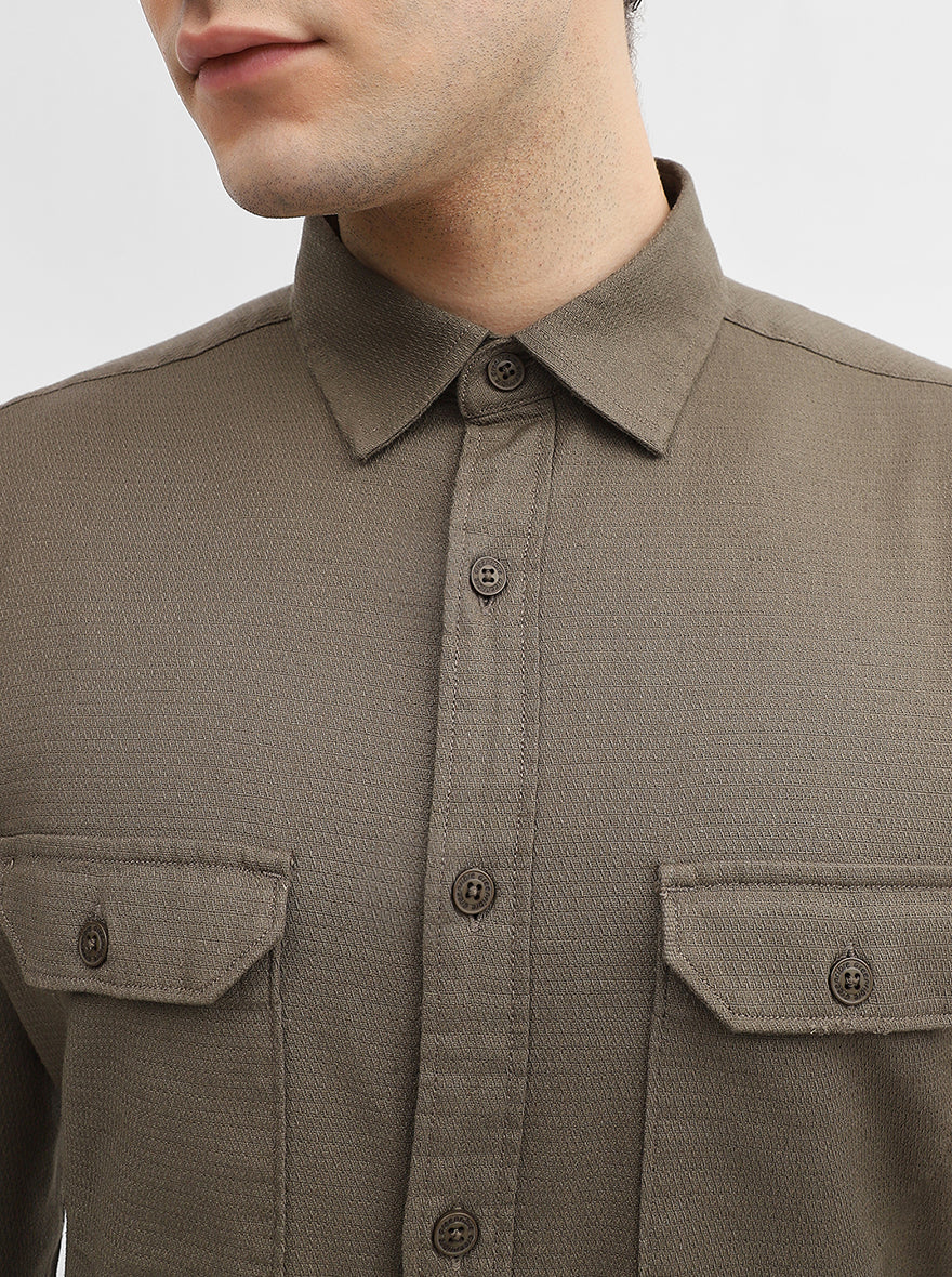 Olive Green Solid Slim Fit Casual Shirt | Greenfibre