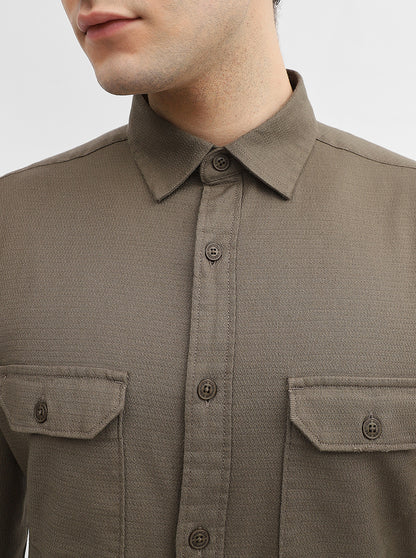 Olive Green Solid Slim Fit Casual Shirt | Greenfibre
