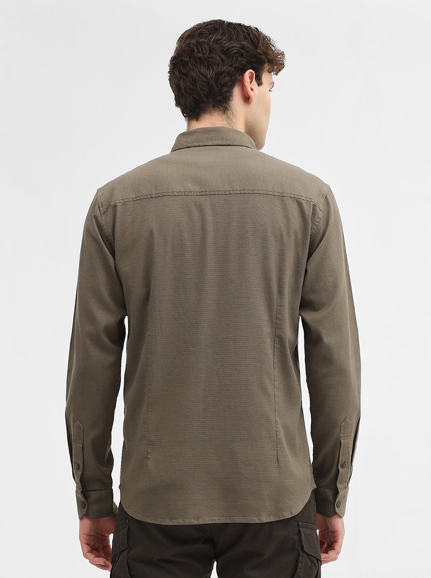 Olive Green Solid Slim Fit Casual Shirt | Greenfibre