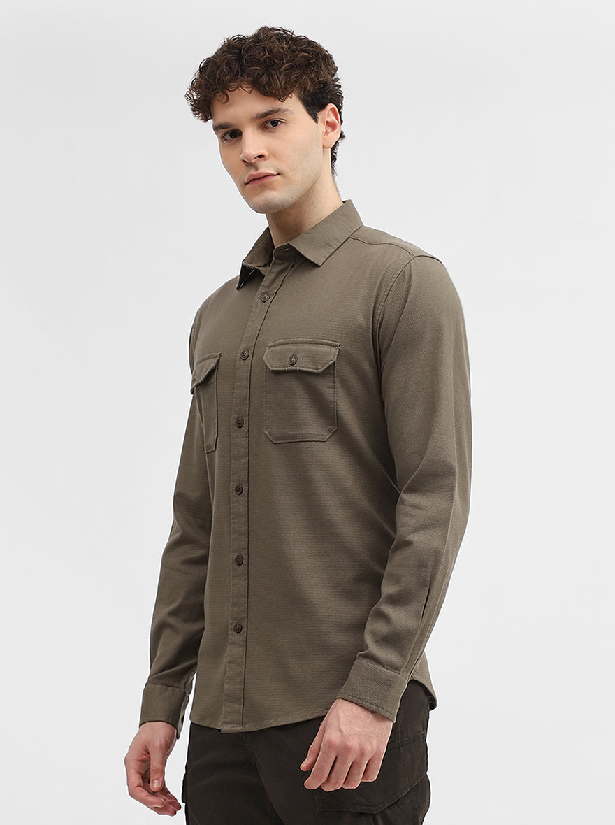 Olive Green Solid Slim Fit Casual Shirt | Greenfibre