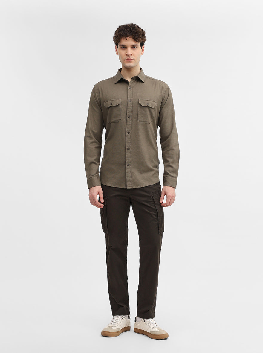 Olive Green Solid Slim Fit Casual Shirt | Greenfibre