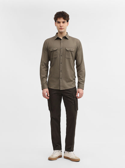 Olive Green Solid Slim Fit Casual Shirt | Greenfibre