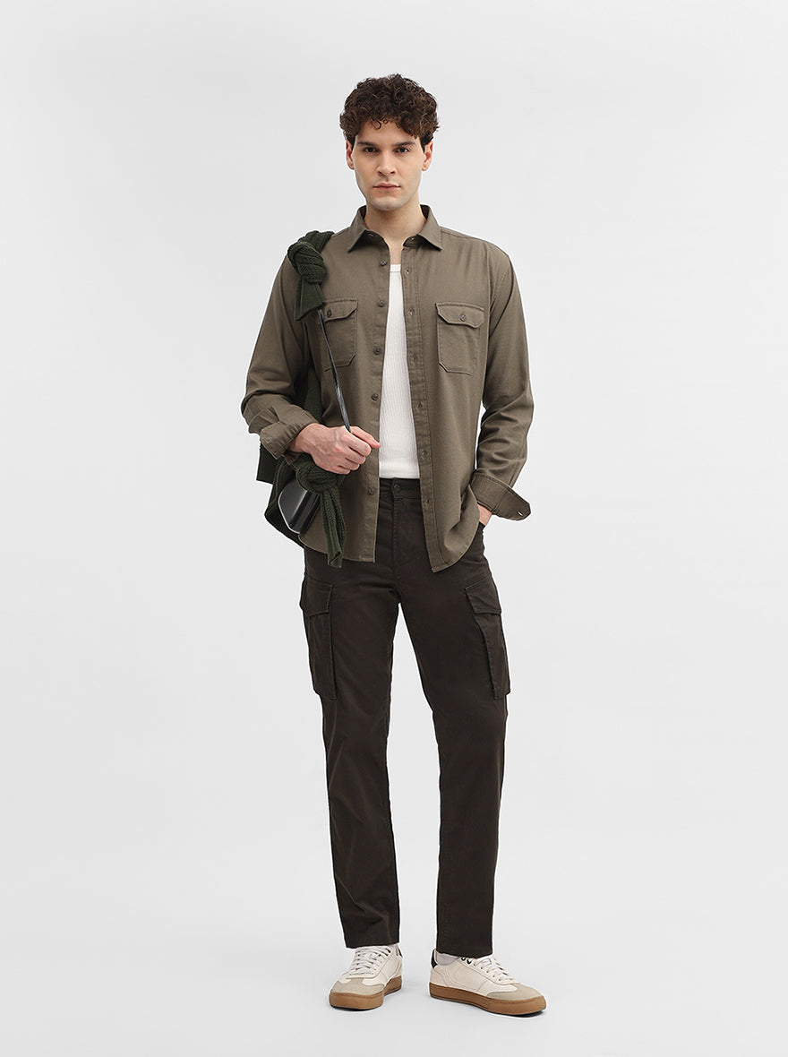Olive Green Solid Slim Fit Casual Shirt | Greenfibre
