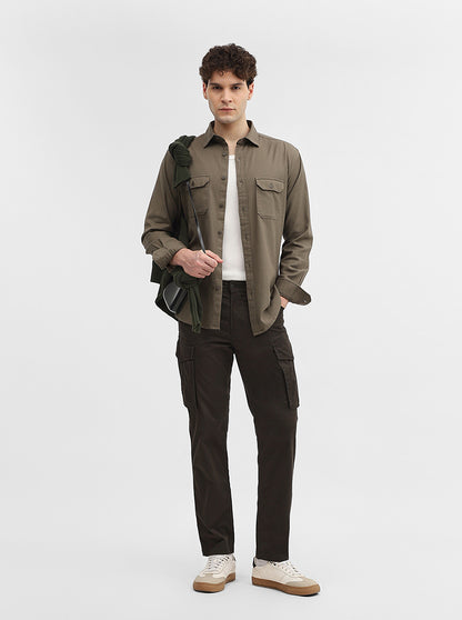 Olive Green Solid Slim Fit Casual Shirt | Greenfibre