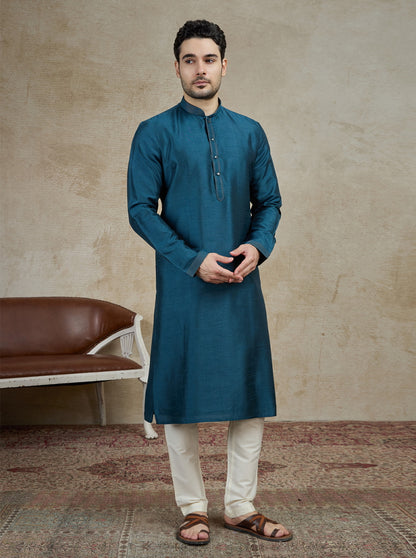 Pacific Blue Solid Kurta Pajama | Virasana