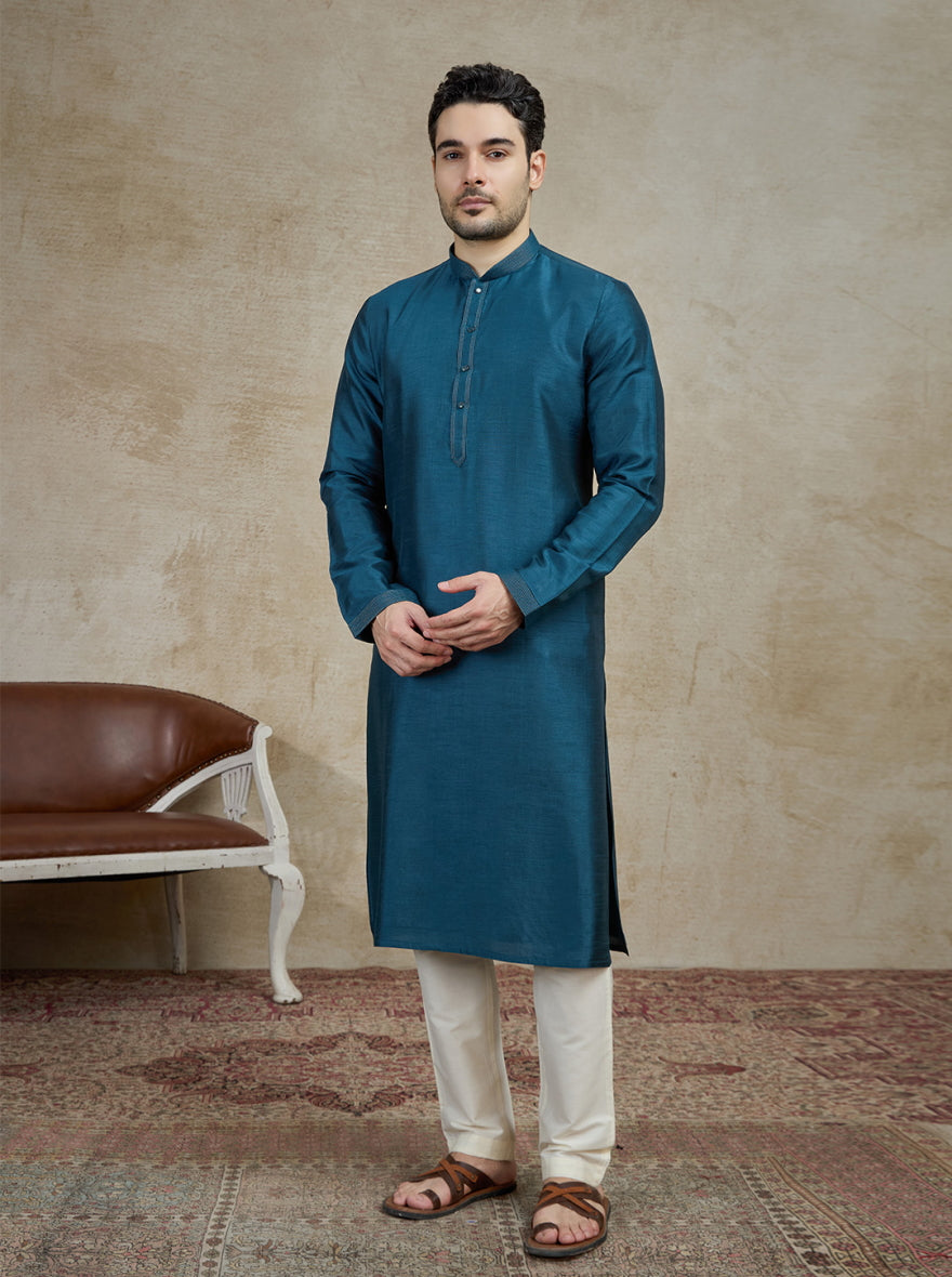 Pacific Blue Solid Kurta Pajama | Virasana