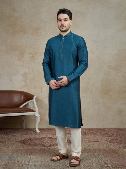 Pacific Blue Solid Kurta Pajama | Virasana