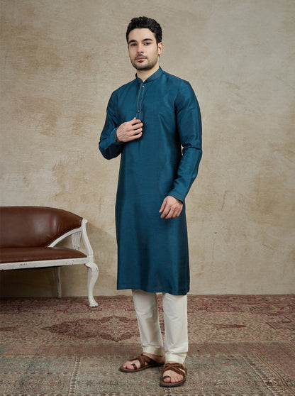 Pacific Blue Solid Kurta Pajama | Virasana