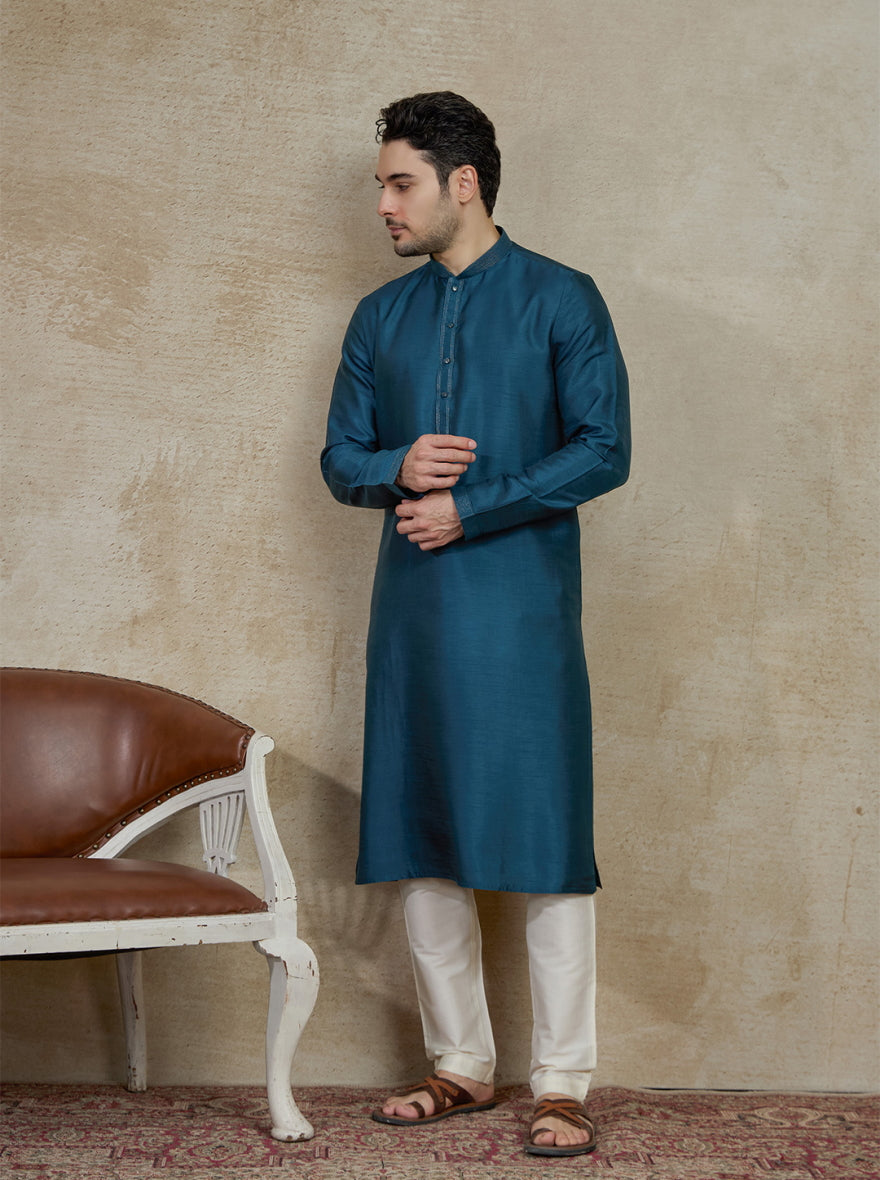Pacific Blue Solid Kurta Pajama | Virasana
