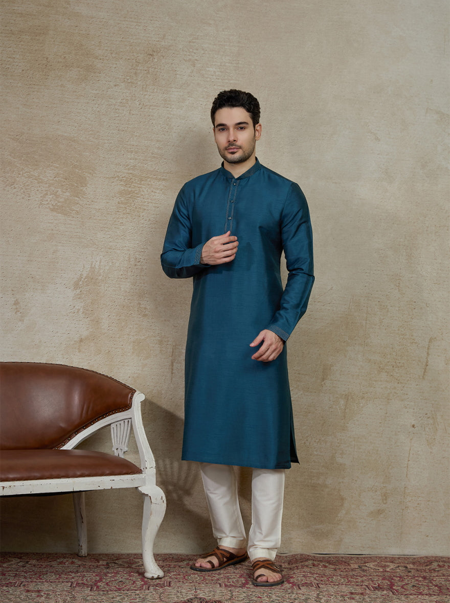 Pacific Blue Solid Kurta Pajama | Virasana
