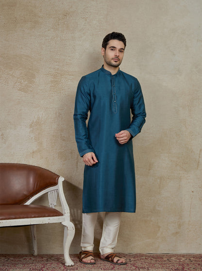 Pacific Blue Solid Kurta Pajama | Virasana