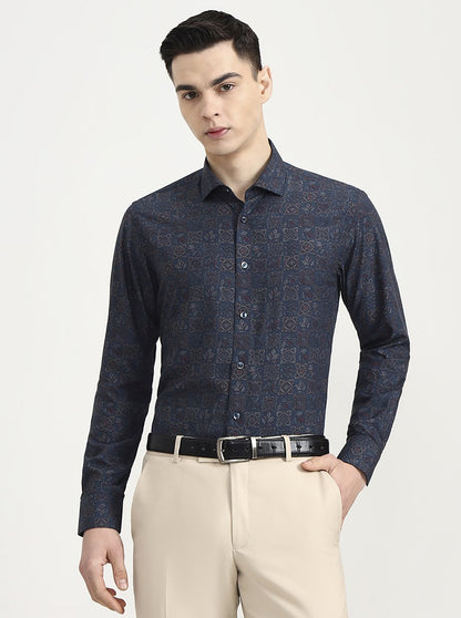Green & Navy Blue Printed Slim Fit Party Wear Shirt | Wyre