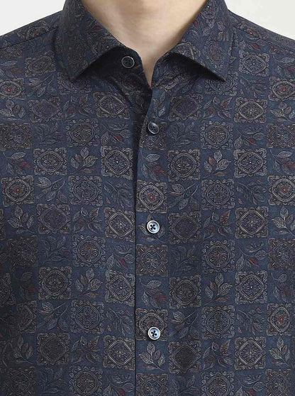 Green & Navy Blue Printed Slim Fit Party Wear Shirt | Wyre