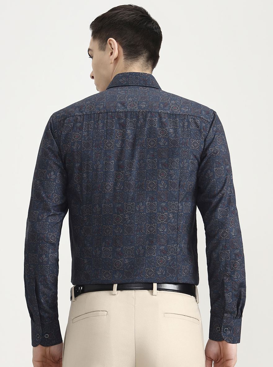Green & Navy Blue Printed Slim Fit Party Wear Shirt | Wyre