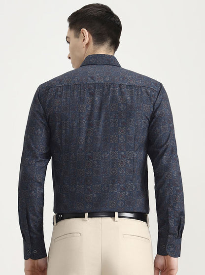 Green & Navy Blue Printed Slim Fit Party Wear Shirt | Wyre